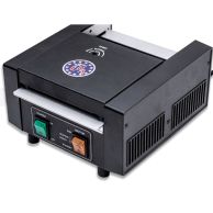 Close-up view of the compact Model 5500 TLC 4 ⁷/₁₆" ID Card Mini Pouch Laminator featuring a black metal casing, temperature control dial, and labeled power and motor switches on the front panel.