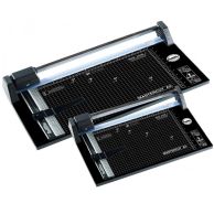 Two RotaTrim Monorail Series Trimmers are displayed side by side, each featuring a black grid base and a single-bar cutting guide.
