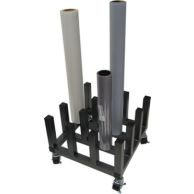 A black MR-12 Roll Storage Caddy, with three rolls of varying sizes and opacities currently stored upright within its compartments, all mounted on casters.