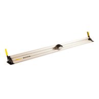 The Safety Speed Nemesis Integrated Large Format Desktop Cutter is shown with its aluminum guide rail, central cutting head, and yellow safety end caps for precise trimming.