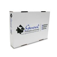 A white General Formulations branded box is shown containing a roll of 3.75 mil 20" x 500' Clear Embossed Polypropylene Floor/Counter Laminate, designed for narrow format digital applications.