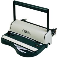 The Akiles OffiWire 3:1 Wire-O® Binding Machine features a sturdy metal construction with a green and beige color scheme, a vertical wire closer, a punching handle for manual operation, an adjustable side margin control, and a built-in wire size selector 