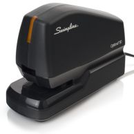 A black Swingline Optima 50 electric stapler with an orange indicator light.