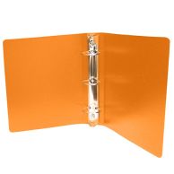Orange half-size poly binders with open smooth exterior, rounded edges, and three-ring mechanism.