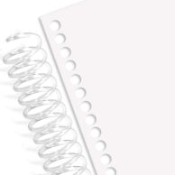 Spiral Binding Coil Punched Paper, Half Size 5.5" x 8.5", shown with round punched holes along the edge next to a clear plastic spiral binding coil.