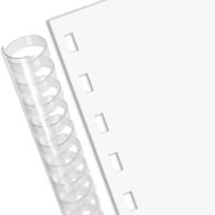 A clear plastic binding comb is placed next to a sheet of Plastic Comb & Spiral-O Wire Punched Paper, Letter Size 8.5" x 11", featuring rectangular punch holes along the edge for binding.