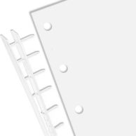 A sheet of Velo Bind Pre-Punched Paper, Letter Size 8.5" x 11", is shown alongside a clear Velo binding strip, highlighting the aligned punch holes for easy binding.