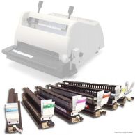 A full set of color-coded Dies for James Burn PB3300 & P3300 Punching Machines is shown laid out in front of a faded punch machine illustration, highlighting their compatibility and interchangeable design.