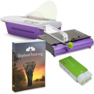 Fastback Perfectback Softback Cover Bound Books Kit shown with a purple binding machine, scoring tool, pre-printed softback cover, and a pack of adhesive binding strips for producing professional-quality softcover books.