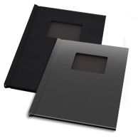 Two 11" H x 8-1/2" W Portrait Pinchbook™ Hardcover Photo Books with Window in black linen and black vegan leather finishes, featuring a centered window for inserting a cover image.