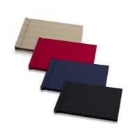 Four 4" H x 6" W Landscape Pinchbook™ Hardcover Photo Books in taupe, red, navy, and black colors are stacked neatly, showcasing different cover options.