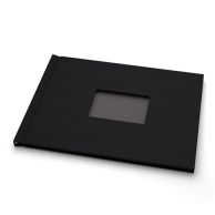 A Black Linen Cloth 8-1/2" H x 11" W Landscape Pinchbook™ Hardcover Photo Book with Window, featuring a sturdy cover and a centered window for displaying a featured photo.