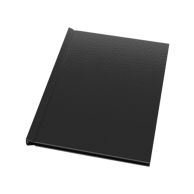 A closed black 11" H x 8-1/2" W Portrait Pinchbook™ Hardcover Photo Book is shown at an angle, featuring a textured cover and spine designed to securely hold inserted pages without glue or staples.