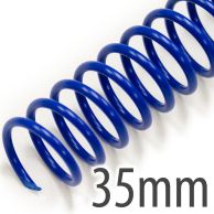 A bundle of 35mm (1-3/8") Blue Spiral Plastic Coils [12" Long, 4:1 Pitch] is neatly stacked, displaying the thick coil diameter and bright blue color against a warehouse background.