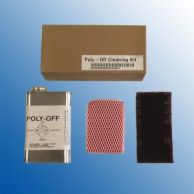 A Poly-Off Laminating Roller Cleaning Kit, with a silver can, two scrubbing pads (red and black), and a brown box.