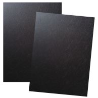 Two black Poly Leather Report Covers with a lightly textured, leather-like finish are stacked slightly askew to display their durable and professional appearance.