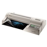 The Fellowes Proteus 125 12.5" Pouch Laminator is shown actively laminating a document, featuring a vented top for heat dissipation and a digital control panel on the right for precise adjustments.
