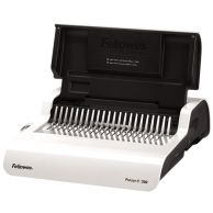 A Fellowes Pulsar E 300-Sheet Electric Comb Binding Machine with a sleek white and black design, featuring an electric punching mechanism, an open comb binding area with evenly spaced metal teeth, and a fold-out document support tray for organizing pages 