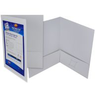 Two white folders from the Quick Stick Print-Your-Own Folder Kit are shown, featuring two interior pockets and a front cover area designed for adding custom printed labels.