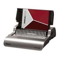 The Fellowes Quasar E 500-Sheet Electric Comb Binding Machine is a sleek, silver and black binding system with an open lid, showing a bound annual report inserted into the comb binding teeth, designed for high-capacity document punching and binding.