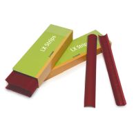 Two Red 11" Narrow Powis Parker Fastback LX Strips are placed beside an open green and orange LX Strips box, with additional strips stacked neatly inside the packaging.
