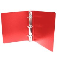 Red half size poly binders displayed in an open position, featuring a smooth exterior and a metal three-ring mechanism in the center, designed for organizing smaller documents efficiently, packaged as a case of 100.