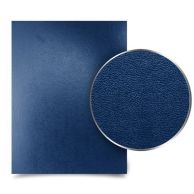 A single sheet of Sedona Navy Premium 17pt Vinyl Report Covers is shown with a close-up inset highlighting the textured leather-like finish and deep blue color.