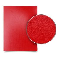 A vibrant sheet of Sedona Red Premium 17pt Vinyl Report Covers is displayed with a magnified inset showing its textured, leather-like surface.