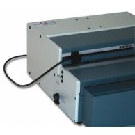 Versa Switch for Rhin-O-Tuff HD7500 (Horizontal Paper Feed) attached to the side of the punch machine, allowing foot pedal or Versa activation for hands-free operation.