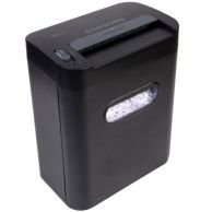 Royal 100X 10-Sheet Cross-Cut Paper Shredder in black with a top-loading slot, control switch, and front-facing window showing shredded paper inside the pull-out bin.