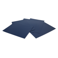 Four dark-colored sheets with corner slits are shown fanned out, representing Royal Blue/Navy Standard 15pt Vinyl Report Covers with a smooth, semi-gloss finish.