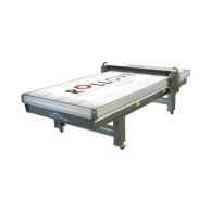 The Rollover Classic 104017 Flatbed Applicator is shown with a large illuminated work area, side control handle, and mounted roller beam.