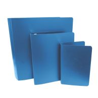 A collection of royal blue letter size poly binders displayed in various sizes, showcasing a smooth finish and durable construction, designed for efficient document organization, and packaged as a case of 100 for convenience.