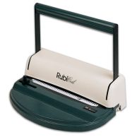 The Akiles RubiCoil Spiral Binding Machine is a compact manual binding machine with a sturdy metal handle, a white and dark green body, an adjustable side margin guide, and a punching slot designed for efficiently creating spiral-bound documents.