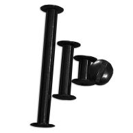Four different sizes of Black Aluminum Chicago Screw Posts displayed in a row, featuring a smooth cylindrical body and slotted flat head design for securely binding documents of varying thickness.
