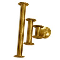 Gold Aluminum Chicago Screw Posts in multiple lengths are arranged in a row, showcasing their flanged heads, slotted tops, and metallic gold finish.
