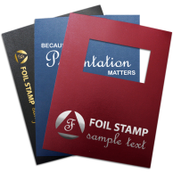 Three Custom Vinyl Report Covers in black, navy, and maroon, each featuring foil-stamped text and one with a rectangular window cutout to reveal underlying content.