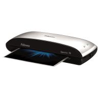 A silver and black Fellowes Spectra 95 9.5" Pouch Laminator is shown laminating a document with a blue starburst design as it feeds through the front slot.