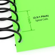 A 2.5:1 pitch black 12-inch spiral plastic coil is shown binding a document, with 2.5 holes per inch for accommodating thicker materials.