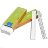 Fastback Super Strips for Model 20 [Medium, White, 8 ½"] shown partially removed from green and orange packaging, with two white binding strips displayed to highlight size and texture.
