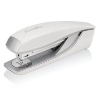 Angled view of a white Swingline NeXXt Style Full Strip Metal Desktop Stapler with a sleek, modern design.