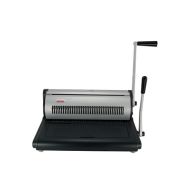 A Tamerica TW-2100 2:1 Pitch Manual Twin-Loop Wire Binding Machine with a durable black and silver design, a horizontal punching slot with evenly spaced holes, a vertical wire closer handle, and an ergonomic punching lever for efficient manual wire bindin