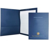 Custom Printed Tax Folders shown open and closed, featuring a dark blue design with gold foil logo, designated pockets for documents, and labeled sections for client copies and income tax returns.