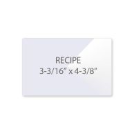 A 5MIL Recipe Card 3-3/16" x 4-3/8" Laminating Pouch with a glossy finish is displayed flat with printed dimensions centered on the surface.