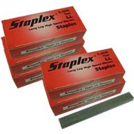 Stack of red Staplex Type LL Long Leg High Speed Staples boxes with a strip of staples displayed in front.