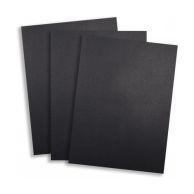 Three textured, matte-finish sheets are stacked slightly askew, representing Standard 15pt Black Vinyl Report Covers designed for durable and professional document protection.