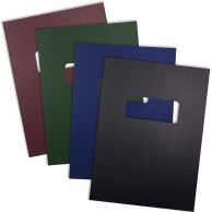Four stacked Standard 15pt Vinyl Report Covers with Window in black, blue, green, and maroon, each featuring a rectangular die-cut window for viewing the document title beneath.