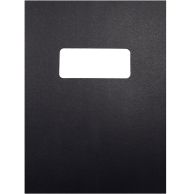 Black Vinyl Report Covers with Window featuring a rectangular die-cut opening centered near the top for displaying underlying document titles.