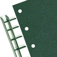 Vinyl Covers [Green, 11-Hole for Velo Bind, 8 ½" x 11" with Square Corners] shown with a textured green finish, pre-punched holes for Velo Bind compatibility, and a matching green binding strip with prongs.