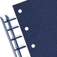 Velo Bind Pre-Punched Vinyl Report Covers in dark blue with evenly spaced round holes and a matching Velo Bind strip positioned alongside.
